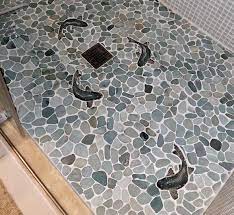 Floor tiles self adhesive vinyl flooring kitchen bathroom patterned grey blue. Beautiful Blue Green Gray Sliced Pebble Shower Floor With Sea Bass Shaped Mosaic Fish Pebble Tile Shower Pebble Tile Shower Floor Patterned Bathroom Tiles