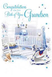 Card features embossing, bronzing, foil, and blue sheer ribbon. Cute Grandson Card Congratulations Congratulations On The Birth Of Your Grandson New Grandson Cards New Grandparents Cards New Baby Boy