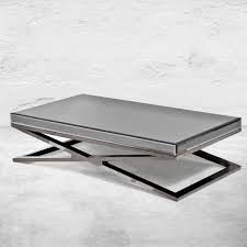 Sleek design of glass over glass, accented with chrome and solid wood legs. X Leg Coffee Table In Fat Black Chrome And Smoked Mirror Modshop