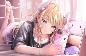 barefoot blonde hair blush breasts cleavage horns long hair necklace phone  pink eyes pointed ears tail tokeshi wristwear | konachan.com - Konachan.com  Anime Wallpapers