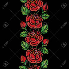 Check spelling or type a new query. Seamless Pattern With Embroidery Red Rose Flower Bud And Green Leaves On The Black Background Floral Border With Ornate Embroidered Roses For Clothing Decor Fabric And Textile Design Royalty Free Cliparts Vectors