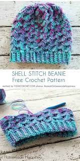 Emerald And Ochre Shell Stitch Beanies Crochet Hats Free Pattern Crochet Hat Free Crochet Shell Stitch