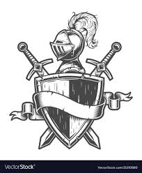 Vintage Medieval Knight Emblem With Crusader Helmet Shield Swords And Ribbon Isolated Vector Illustration Download Knight Tattoo Knight Drawing Helmet Drawing