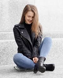 Black Boots With Blue Jeans Womens Leather Jacket Skinny Jeans Womens Casual Outfits Leather Jacket Black Leather Moto Jacket