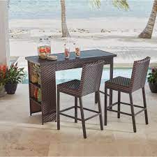 Hampton Bay Rehoboth 3 Piece Wicker Outdoor Bar Height Dining Set 720 130 000 The Home Depot Bar Height Patio Furniture Outdoor Bar Furniture Outdoor Bar Table