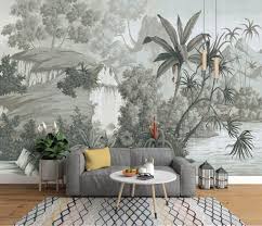 Tropical Rainforest Wallpaper Vintage Grey Huge Trees With Etsy In 2020 Tree Wallpaper Mural Wallpaper Walls Bedroom Mural Wallpaper