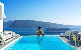 Woman Enjoying The Amazing Santorini Caldera View From The Charisma Suites Main Infinity Pool Santorini Santorini Island Pool