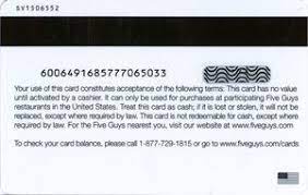 Five guys gift card balance. Gift Card Five Guys Burgers And Fries Five Guys United States Of America Five Guys Col Us Fg 001 Sv1506552