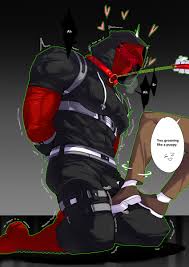 highres, 1boy, 1other, arms behind back, bara, black hoodie, bulge, chain,  chain leash, deadseven77, domination, dominatrix, heart, hood, hoodie,  kneeling, leash, monsterxmediator, nauseaxe 404, pet play, red blindfold,  shaking, shoes, submission -