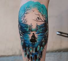 It is well visible, and you can make your hand look like an artwork. Big Blue Colored Mystical Man On Cemetery Tattoo On Leg Tattooimages Biz