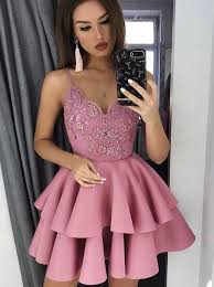 A Line V Neck Layered Short Prom Dress Appliques Homecoming Dress Om441 Satin Homecoming Dress A Line Prom Dresses Homecoming Dresses