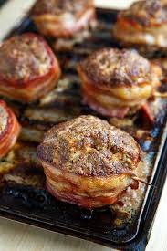 Bacon Wrapped Muffin Pan Meatloaf Aka Salisbury Steak Filet Mignon Recipe Filet Mignon Recipes Venison Recipes Bacon Wrapped Meatloaf