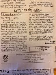 This letter was in our local paper in Steubenville, Ohio. Thought it may be  of interest to someone in his family.