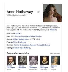 William shakespeare and anne hathaway married in 1582, when anne was already several months pregnant with their first child. Anne Hathaway Is Listed As Shakespeare S Wife On Google And I Can T Stop Laughing