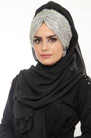 Aise Tesettur Siyah Gumus Hazir Abiye Simli Sal Foulard
