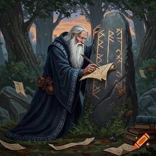 Grandmaster Geronimo charting the defensive runes on the canyon stone, do AI tạo