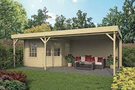 Lean to shed, feather edge cladding, slate roof and combination key pad lock for access. Annette Corner Log Cabin Gazebo 7m X 4m Gazebo Direct