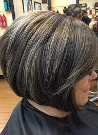 Black Bob With Gray Highlights Hair Highlights Transition To Gray Hair Blending Gray Hair