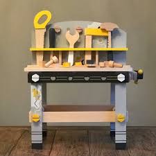 Kids can set up and play with this toy workbench that has realistic drill press action. Wooden Toy Workbench By Harmony At Home Boutique Notonthehighstreet Com