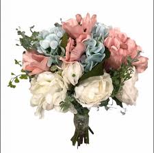 Arranjo Com Hortencia Azul Astromelia Rosa E Mini Eucalipto Loc Decore