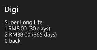 For this particular service will cost you rm38 for the subscription and you may subscribe this by dialling *128. Digi Super Long Life