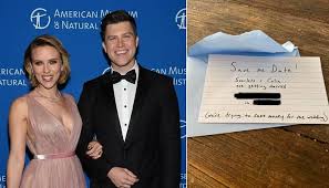 Congratulations are in order for scarlett johansson and colin jost! Scarlett Johansson And Colin Jost S Cost Cutting Wedding Invitations Revealed D Star News