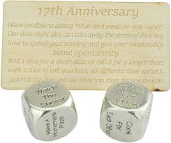 • a watch, or jewelry containing an amethyst, citrine or pink tourmaline as alternate gemstones associated with the 17th wedding anniversary (eg, necklace, bracelet, ring, earrings) • yellow glazed eternity rose (to represent the color yellow associated with the 17th wedding anniversary) Amazon Com 17 Year Anniversary Metal Date Night Dice Create A Unique 17th Anniversary Date Night Toys Games