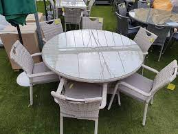 Dining table and chairs set of 4, 80cm solid wooden round table with metal legs and 4 white chairs, dining room furniture set for home, office, kitchen, balcony furniturebox uk novara chrome metal round glass dining table and 4 modern lorenzo dining chairs (dining table only). 6 Seater Tulip Rattan Dining Set In Latte Garden Centre Shopping