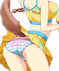 poruneko, inugami korone, hololive, commentary request, 1girl, ass, ass  focus, back, bare arms, bare shoulders, blue panties, braid, brown hair,  character name, cheerleader, clothes writing, crop top, dog girl, dog tail,  from