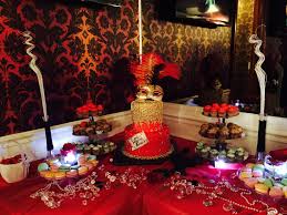 Sweet Table At A Masquerade Themed Redblackgold Party Party Gold Birthday Decorations Black Gold Party Gold Party