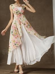 Ericdress White Floral Print Double Layer Sleeveless Maxi Dress Cheap Dresses White Dresses For Women Floral Print Chiffon Dress