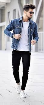 Black And Blue Outfits Men Niccolo Leone Ph Fall Street Wear Combo White T Shirt Blue Denim Jacket Black Skinny Den Ropa De Moda Hombre Ropa De Hombre Casual Elegante Moda Ropa Hombre