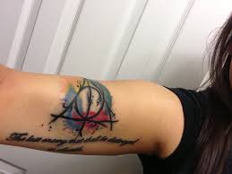 All of public_enemy_tattoo's tattoos in one place. Watercolor Deathly Hallows Tattoo Harry Tattoos Tattoos Harry Potter Tattoos