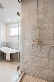 In 6 rich colorways, each tile is sure to be a driving force in the overall design of any backsplash or accent wall. Mixed Gray Marble Shower Tiles With Marble Chair Rail Tiles Transitional Bathroom