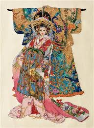 She is pictured on polstitches designs 'snowy mountains©' 28 count lugana. Kimono Geisha Cross Stitch Kit