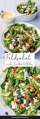 Feldsalat Mit Susskartoffeln Heidelbeeren Feta Und Honig Senf Dressing Rezept Feldsalat Honig Senf Dressing Leckere Salate