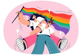Happy couple with LGBT flag walking on pride parade. Smiling people  supporting homosexual relationships. Homosexuality and same sex relations.  Vector illustration. 27481833 Vector Art at Vecteezy