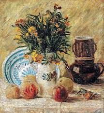 This was a period where van gogh consciously was trying to add color to his painting. Description Of The Painting By Vincent Van Gogh Vase With Flowers And Coffee Pot And Fruit Van Gogh Vincent