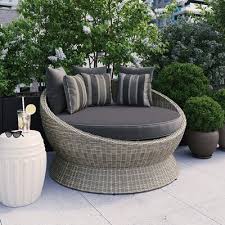 Outdoor garden canopy bed weather resistant brown wicker white cushions sylt. Martha Stewart Hudson 55 91 Wide Outdoor Wicker Round Patio Daybed With Cushions Shopstyle
