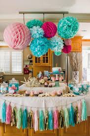 Birthday Party At Home Decoration Ideas Fun Mermaid Themed Birthday Party From The Ocean Hued Palette Accented With Bright Pink Kids Birthday Party Decoration Birthday Parties Mermaid Theme Birthday