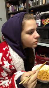 So my sister and I tried the spicy noodles challenge. She is dying and  threw up. I didn’t think it was bad. (Excuse my face I just got off work.) 