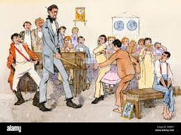 Teacher spanking boys with a ruler in a one-room school. Hand-colored  woodcut Stock Photo - Alamy