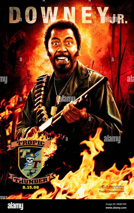 Tropic Thunder (2008) directed by Ben Stiller and starring Robert Downey  Jr. as Kirk Lazarus, an intense Australian method actor who undergoes a  controversial transformation for his role in the war film.