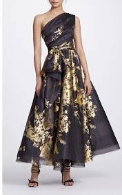 Marchesa Couture Black One Shoulder Gold Metallic Foil Midi Tea Dress In Black Gold Modesens Silk Cocktail Dress Dresses Textiles Fashion