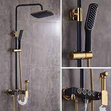 Luxury Gold And Black Color Wall Mounted Rain Shower Faucets Set Square Brass Top Spray With Abs Hand Sho Shower Faucet Sets Wall Mount Rain Shower Shower Bath