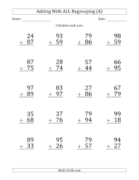 The Large Print 2 Digit Plus 2 Digit Addtion With All Regrouping A Math Worksheet From The Additi Math Worksheets Subtraction Worksheets Fractions Worksheets