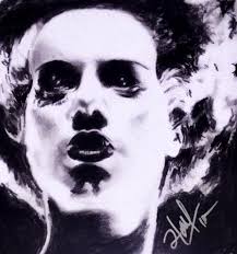 Bride of Frankenstein Color pencils black and grays And a dirty smudge  stick.