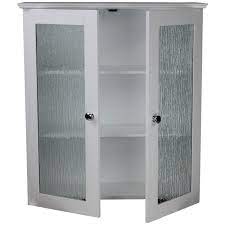 Also, this cabinet attached directly to one side of the wall along with the mirror and few open shelves. Highland White Double Glass Door Bathroom Storage Wall Cabinet Overstock 8162298