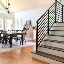 Rustic style stair railing designs can become a wonderful choice for you. Our Finished Staircase With Horizontal Stair Railing Daly Digs Metal Stair Railing Staircase Design Stair Railing Design