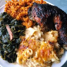 Baked Mac Cheese Jerk Chicken Braised Collard Greens And Jollof Rice Jerk Chicken Baked Mac Baked Mac N Cheese